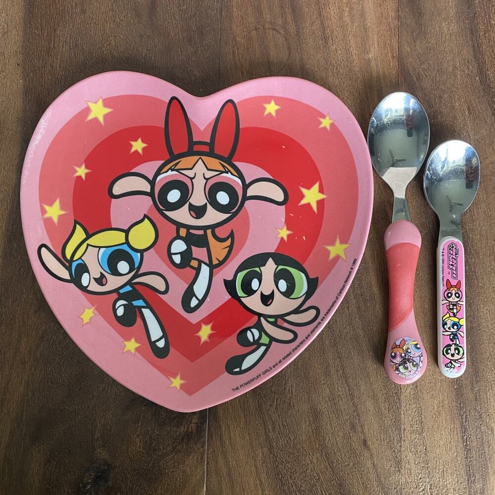 Vintage Powerpuff Girls Pink Heart Plate Zak Designs 1999 w/ 2 Spoons